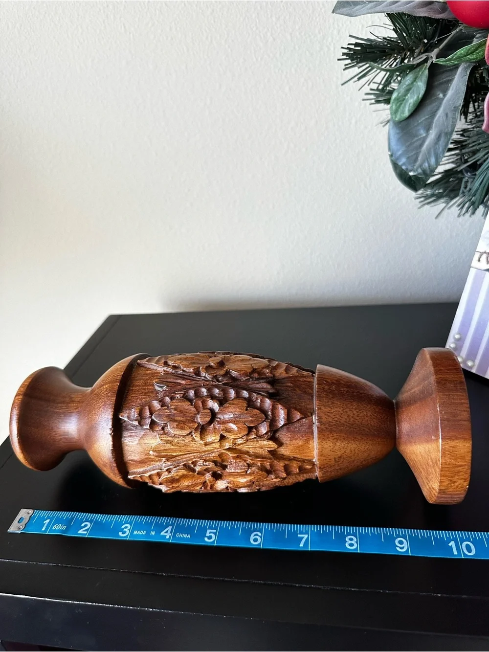 Carved Wood Floral Decorative Vase 10” Brown Natural Grain Rustic Boho Decor